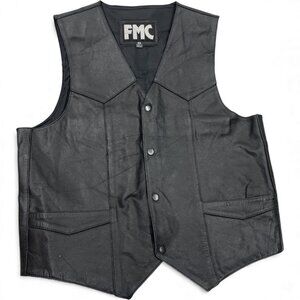 FMC Black Leather Snap Button Biker Motorcycle Vest Men's Large 46